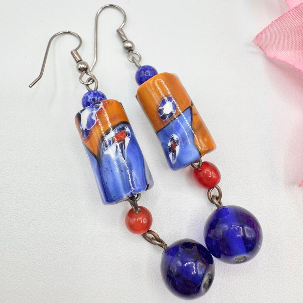 Art Glass Millefiori Beaded Dangle Earrings Artisan Art Teacher Artsy Fun - Picture 2 of 10